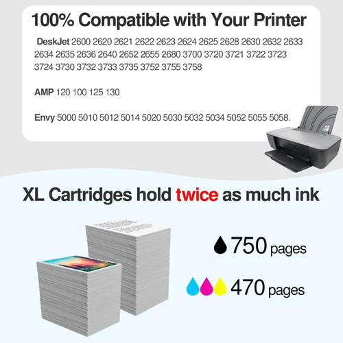Vista 5 de 65XL - Cartucho de tinta remanufacturado de color negro para HP Ink 65 HP65 XL HP65XL para Envy 5055 5052 5010 5070 5014 Deskjet 3755 3772 2600 3752