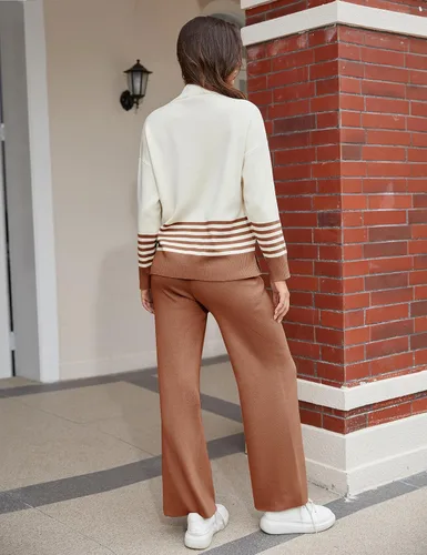 Vista 4 de Himosyber Conjunto de suéter para mujer, 2 piezas, de manga larga, suéter de punto, pantalones deportivos