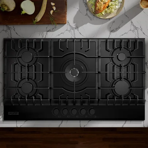 Vista 2 de Empava Placa de cocina de 36 pulgadas con 5 quemadores sellados Italia Sabaf de vidrio templado convertible NG/LPG en negro modelo 2025, gas 36