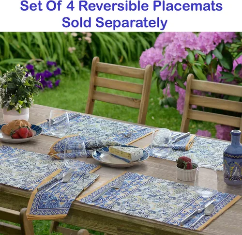 Vista 5 de Home Bargains Plus Servilletas rectangulares de tela, juego de 8 servilletas, estampado floral amarillo y azul, servilletas resistentes al agua y a