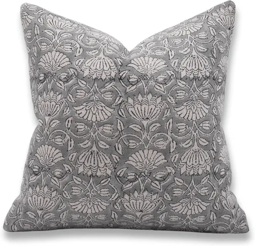 Vista 10 de Funda de cojín elegante de lino blanco roto con estampado de bloque a mano, 14 x 14 pulgadas, con cremallera invisible para sofá, cama, sala de Negro