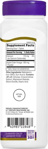 Vista 10 de 21st Century - Tabletas de vinagre de sidra de manzana de 300 mg, metabolismo, 250 unidades Apple Cider Vinegar 300 mg Tablets to Help Support