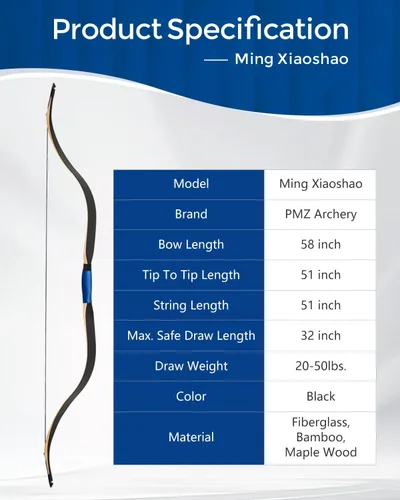 Vista 2 de PMZ 58" Traditional Recurve Bow, Horse Hunting Bow Ming Bow 20-50lbs