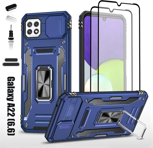Vista 9 de Funda resistente para Samsung Galaxy A22 (5G), protector híbrido de goma de doble capa de grado militar con protector de cámara deslizante, soporte