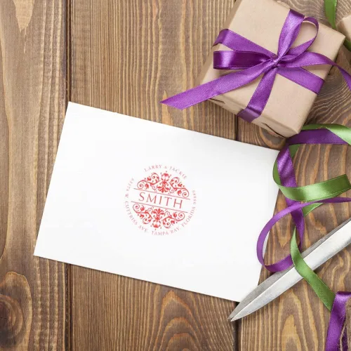 Vista 5 de Sello de dirección Royal Weiss preentintado personalizado, papelero personalizado, diseño redondo, regalo único, tamaño de 1-5/8 pulgadas