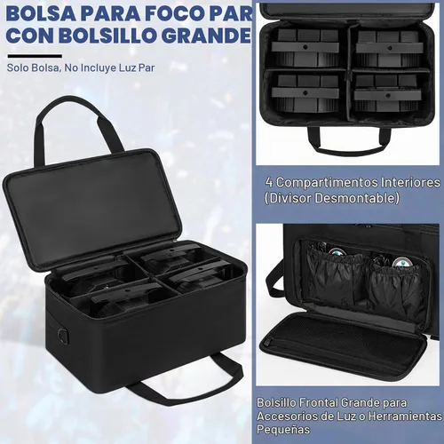 Vista 4 de IBVIVIC Bolsa para Focos de 4 Par 5/16' Pañalera Acolchada para Iluminación de Escenario con Separadores, Asa, Correas, Negra