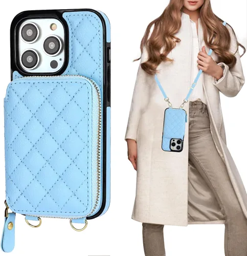Vista 16 de Bocasal Funda tipo cartera cruzada para iPhone 14 Pro, con bloqueo RFID, de piel sintética, con cremallera, funda tipo cartera con función atril
