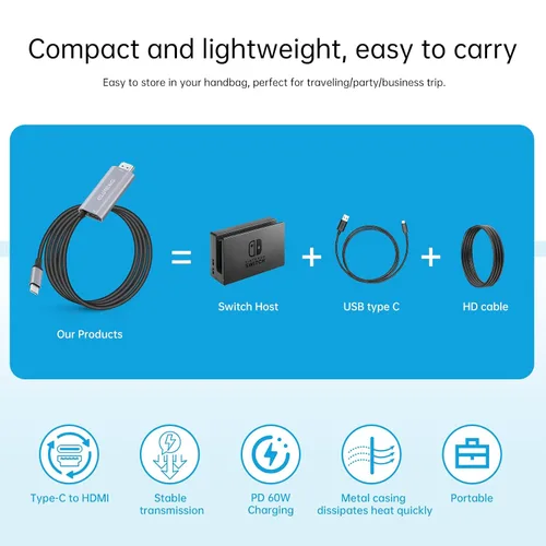 Vista 2 de ELUTENG Compatible con cable HDMI de Nintendo Switch 4K de 6.6 pies, USB C a HDMI, interruptor de TV Dock con PD carga rápida para proyector