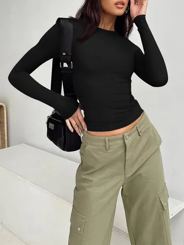 Vista 2 de Trendy Queen Camisetas de manga larga para mujer, a la moda, para otoño, 2023, básicas, para entrenamiento, ajustadas, Y2K