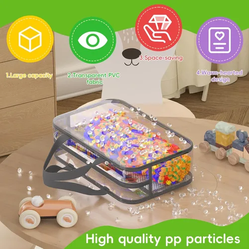 Vista 4 de Juego de 4 bolsas de almacenamiento de juguetes con cremallera para niños y niñas, bolsas organizadoras grandes de PVC con bolsillos laterales