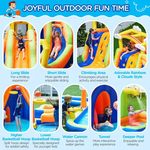 Vista 4 de Yaheetech - Casa inflable para rebotar, tobogán acuático estilo nubes arcoíris 10 en 1 Combo w/ 2 Pools & Large Climbing Wall & Tunnel, Double