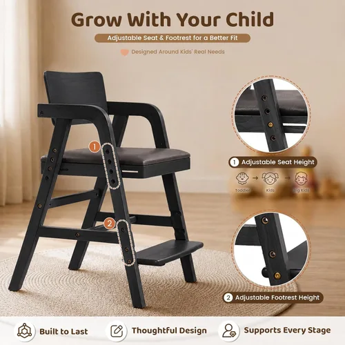 Vista 4 de Silla de comedor de madera para niños pequeños con asiento Negro