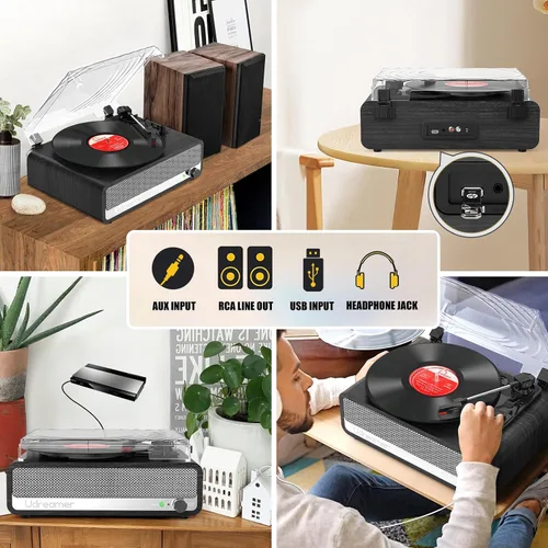 Vista 4 de Reproductor de discos de vinilo con altavoces integrados, tocadiscos de 3 velocidades con Bluetooth 5.3 más reciente, entrada AUX, conector