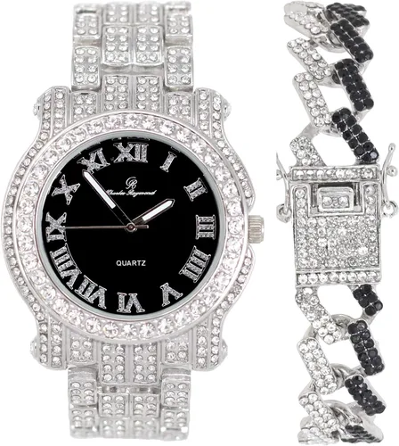 Vista 29 de Charles Raymond Reloj redondo de lujo para hombre totalmente incrustado con brillantes en plata con pulsera Bling-ed Out - L0504B