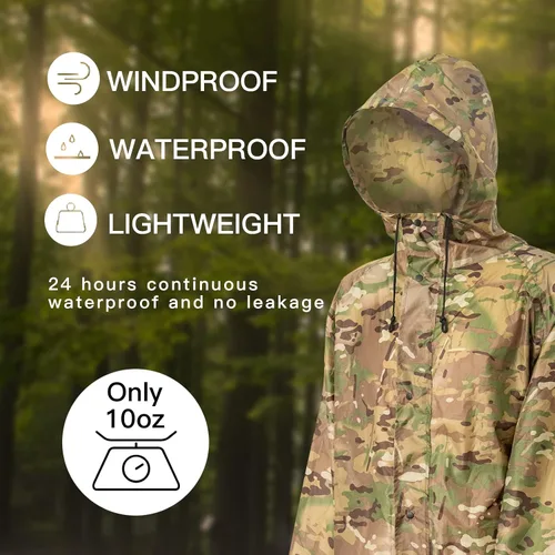 Vista 3 de LOOGU Chaqueta de lluvia con capucha, impermeable largo y ligero, poncho de lluvia de camuflaje impermeable para hombres