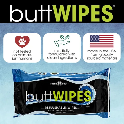Vista 3 de ButtWIPES Toallitas desechables (1 paquete, 45 toallitas) – Toallitas desechables para adultos – Toallitas para glúteos a base de agua con aloe