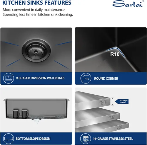 Vista 5 de Sarlai Fregadero de cocina de 30 unidades color negro, 30 x 22 pulgadas, fregadero de cocina de 30 x 22 pulgadas, fregadero de cocina de acero Acero