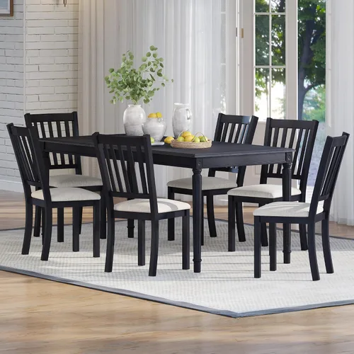 Vista 6 de AMERLIFE Mesa de comedor de granja de 79 pulgadas para 6 a 8, mesa de comedor rectangular grande de madera maciza con patas cónicas romanas, mesa