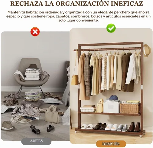 Vista 3 de Perchero de madera maciza con ruedas, 2 estantes