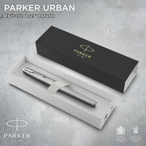 Vista 2 de Parker Urban pluma estilográfica, punta fina, tinta azul recargable Metro Metallic Chrome Trim