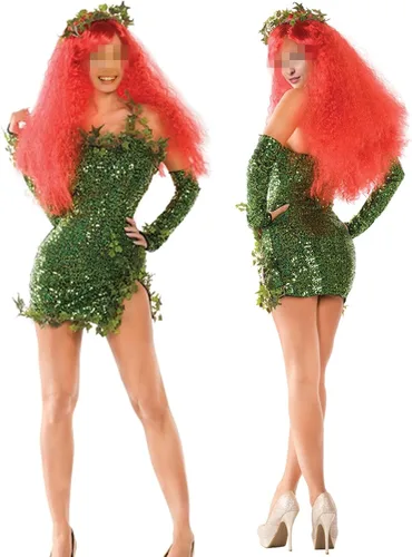Vista 5 de Disfraz de hadas del bosque de Halloween para mujer, vestido brillante de lentejuelas verdes, vestido de cosplay con alas, decoraciones de fiesta