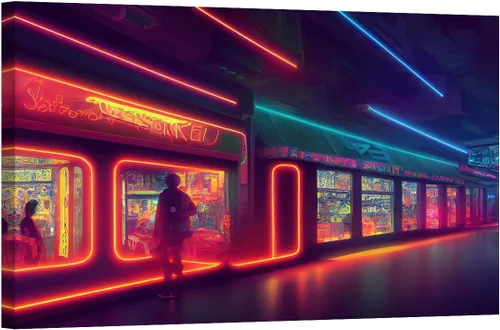 Vista 11 de LSIUHWUWI Future City Concept - Cuadro decorativo moderno para pared, impresión sobre lienzo Cyberpunk City Neon Streetview por la noche