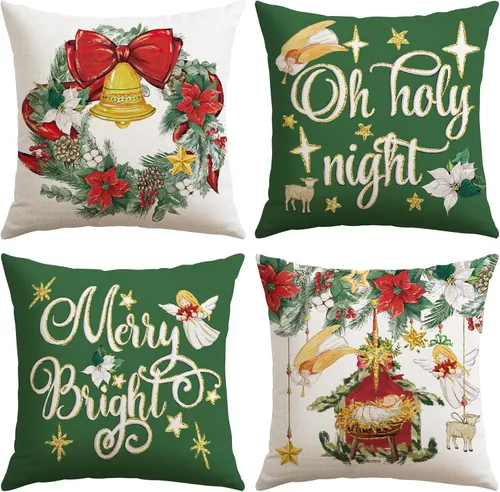 Vista 13 de Artscope Juego de 4 fundas de almohada de Navidad Oh Holy Night Merry Bright Corona de Jesús de 16 x 16 pulgadas, fundas de almohada para decoración
