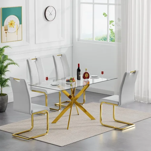 Vista 20 de SSLine Mesa de comedor moderna de cristal, rectangular de 51 pulgadas, color negro con patas de metal diseñadas en X para cocina y comedor