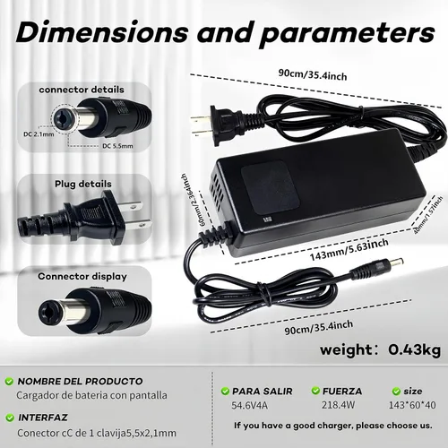 Vista 8 de Cargador de batería de litio de 54.6 V 2 A para batería de iones de litio de 48 V 13s, adaptador de corriente con pantalla HD para voltaje de carga