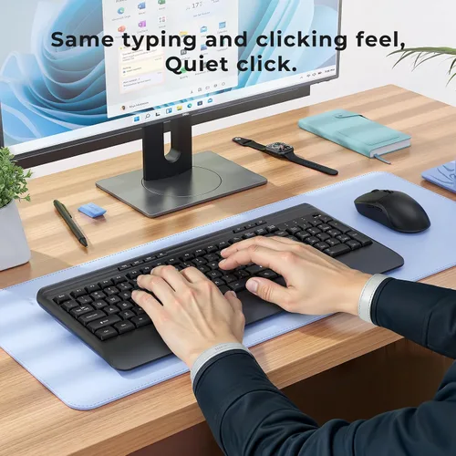 Vista 6 de Combo de teclado y mouse inalámbricos silenciosos, teclado con cubierta de impresión grande, teclado ergonómico de tamaño completo de 2.4 GHz