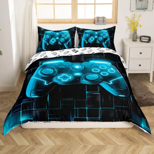 Vista 3 de Juego de funda de edredón con diseño de videojuegos para niños, tamaño individual, negro y azul a cuadros, juego de ropa de cama moderna