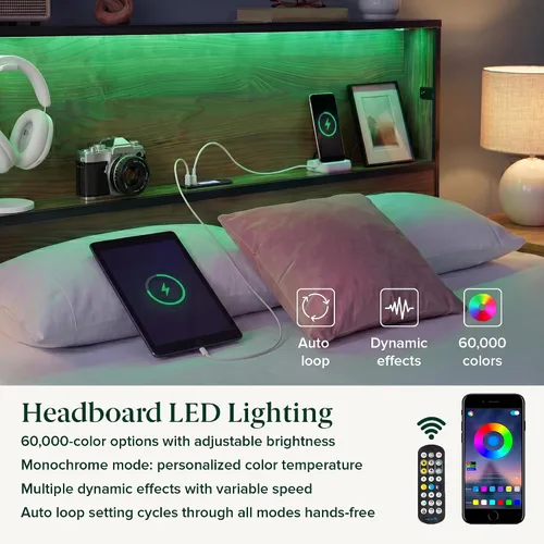 Vista 4 de Zinus Kai - Base de cama de plataforma, cabecero de dos niveles para almacenamiento que ahorra espacio, luces LED RGB con ajuste de estado de ánimo