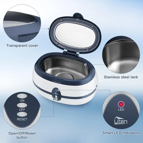 Vista 5 de Limpiador ultrasónico, limpiador profesional de joyas Uten Máquina ultrasónica con soporte para reloj, cesta de limpieza para anillos, joyas