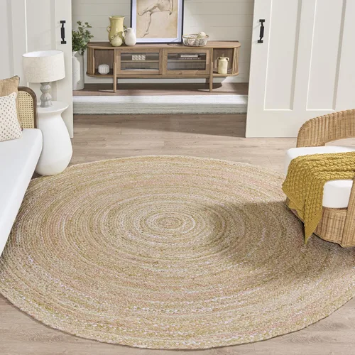 Vista 11 de SAFAVIEH Alfombra trenzada de la colección – Alfombra redonda de 3 pies, color beige con detalles rosados, algodón hecho a mano, estilo cabaña