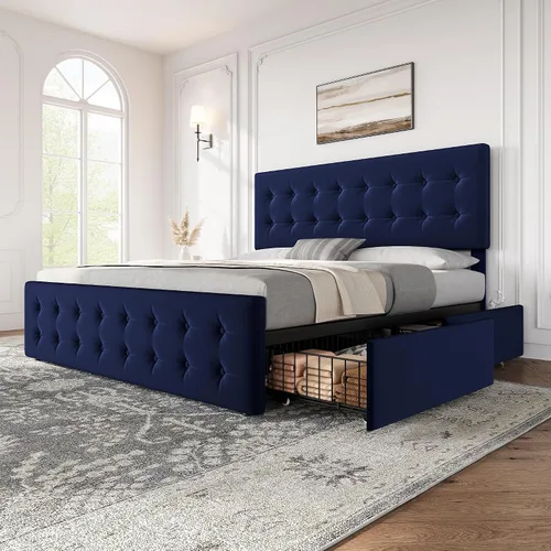 Vista 11 de IDEALHOUSE Marco de cama tamaño completo con 4 cajones de almacenamiento y cabecero, marco de cama plataforma tapizada en cuero sintético con Beige