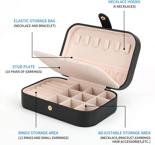 Vista 3 de FEISCON Joyero pequeño organizador de almacenamiento para collares, anillos, mini joyero, organizador de joyas de viaje de doble capa para mujeres