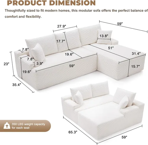 Vista 2 de Mangodan - Sofá seccional en forma de nube, sofá sin huesos para sala de estar, sofá seccional modular con asiento profundo, cómodo sofá de felpa