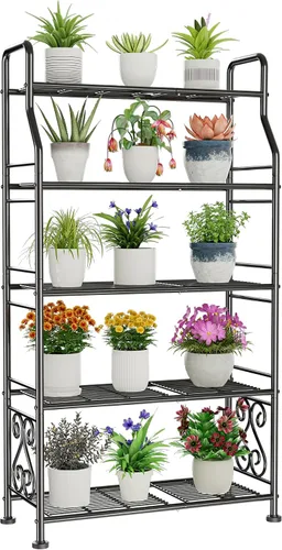 Vista 9 de GIOTORENT Soporte para plantas de interior, estante de metal resistente de 3 niveles para patio e interior, soporte alto para plantas que sostiene
