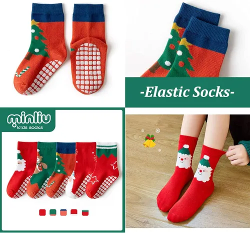 Vista 3 de SUITBOY Calcetines de Navidad para niños, calcetines antideslizantes para bebés, regalos coloridos de Navidad para niños y niñas, calcetines cálidos