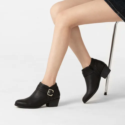 Vista 6 de Athlefit Botines gruesos de tacón bajo para mujer, botines clásicos con punta puntiaguda y cremallera lateral