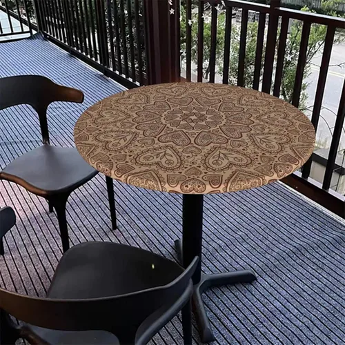 Vista 4 de Mantel redondo de mandala marrón, cocina, comedor o exterior, impermeable y lavable, mantel redondo con bordes elásticos, marrón castaño beige, se