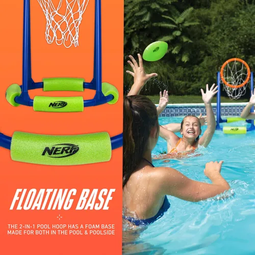 Vista 3 de NERF - Juego de aro de baloncesto flotante para piscina + red de fútbol – Baloncesto acuático + (2) pelotas de fútbol acuáticas incluidas – Aro