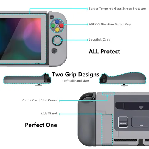Vista 5 de PlayVital AlterGrips Ergonomic Grips Cover for Nintendo Switch, 2 Design Interchangeable Comfort Dockable Protective Case with Screen Protector &