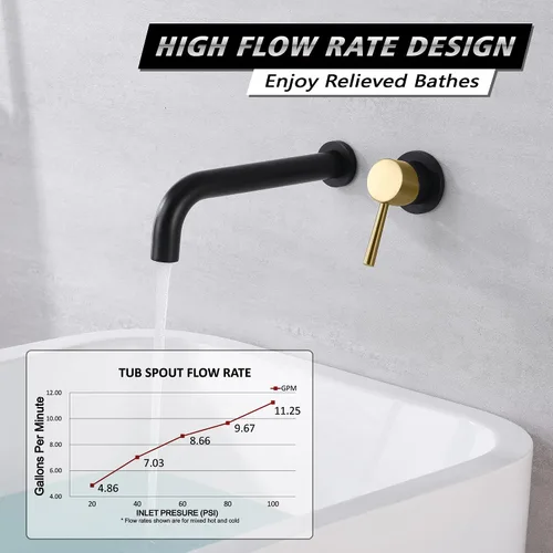 Vista 3 de SUMERAIN Grifo de bañera de montaje en pared Grifo de bañera de baño con boquilla de llenado de bañera larga, acabado negro y dorado, manija única