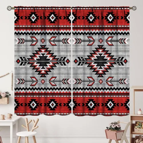 Vista 66 de Cortinas con patrón geométrico tribal, estilo suroeste, azteca, rústico, occidental, nativo americano, opacas, con bolsillo para barra, decoración