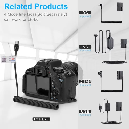 Vista 3 de FOMITO Batería ficticia USB-C Type-C PD/PS a LPE6 ACK-E6 para Canon EOS 5DS, 5DSR, 5D Mark II, 5D Mark III, 5D Mark IV, 60D, 60Da, 6D, 70D, 7D, 7D