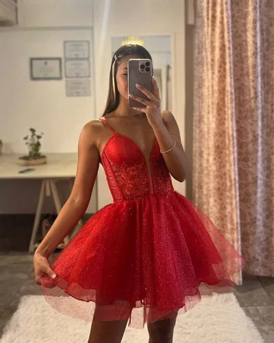 Vista 3 de Vestidos de tul con purpurina para adolescentes, tirantes delgados, cuello en V, vestidos de baile 2023 con apliques de encaje corto, vestido