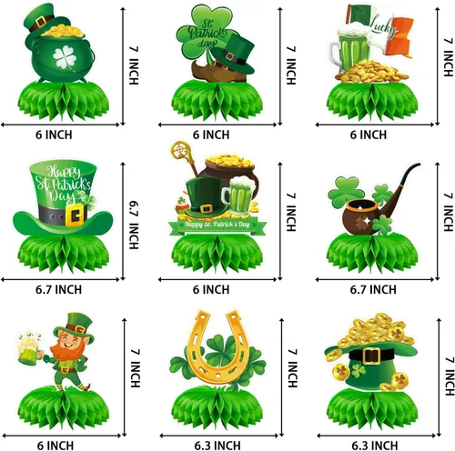 Vista 2 de 9 piezas de decoraciones de panal del día de San Patricio, centros de mesa de temática irlandesa surtidos con duendes, ollas de oro, tréboles