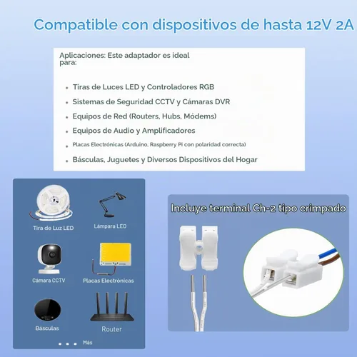 Vista 4 de Adaptador de fuente de alimentación de 12 V, 2 A, convertidor de 24 W CA/CC de 100 V-240 V a 12 voltios y extremos de cable desnudo + terminales