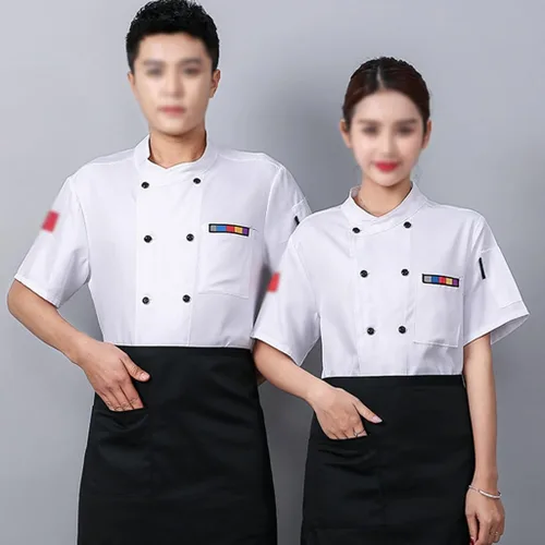 Vista 2 de Chaqueta de chef de manga corta con doble botonadura unisex, abrigo de chef para verano, transpirable, ropa de trabajo, uniforme
